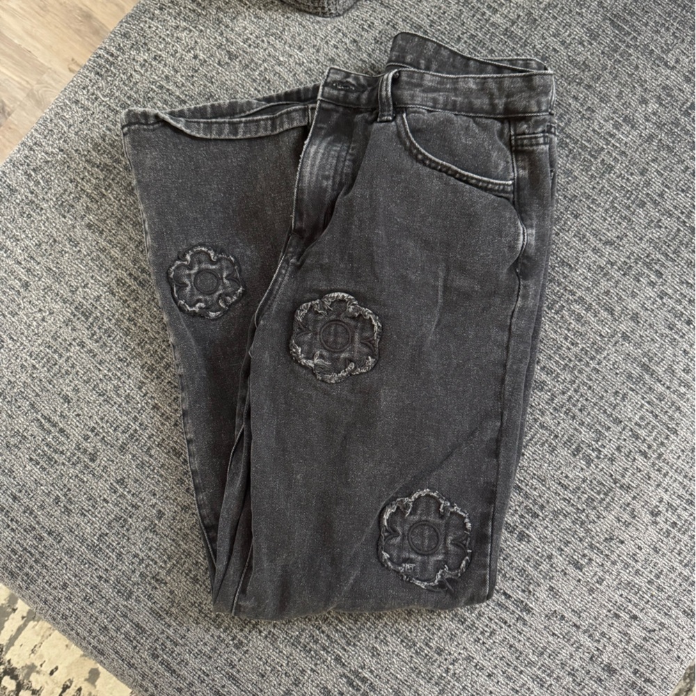 H&M Black Denim Pants with Embroidery